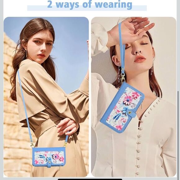 iPhone 16 6.1” Case Wallet Case Floral Wristlet Blue Card Holder Phone FC7 - Picture 8 of 8